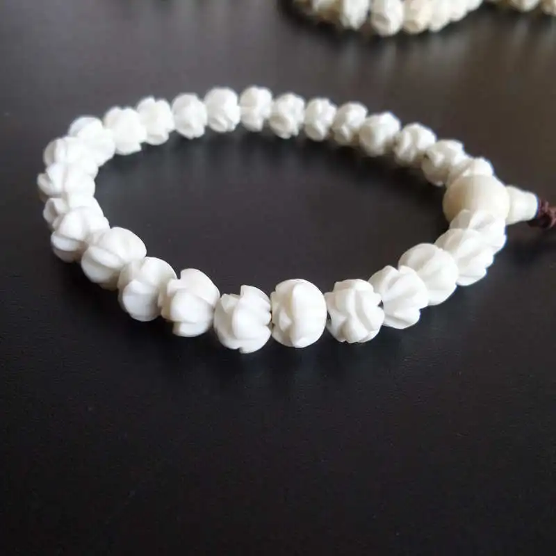 BB-224 Tibet White Yak Bone Hand Carved Padma Lotus Beaded Bracelet Stretch 8/10/12/14mm