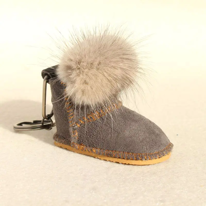 Luxury Fluffy Pompom Genuine Mink Fur Real Leather Boot Shoe Keychain For Women Car Key Chain Bagpack Charm Accessories Pendant