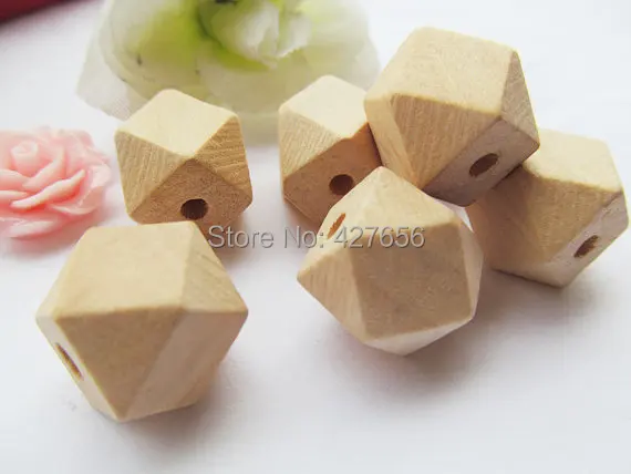 50pcs 15mm Unfinished Faceted Natural Wood Cubic Spacer Beads Pendant Charm Finding,14 Hedron Geometricf Figure Wooden Beads,DIY