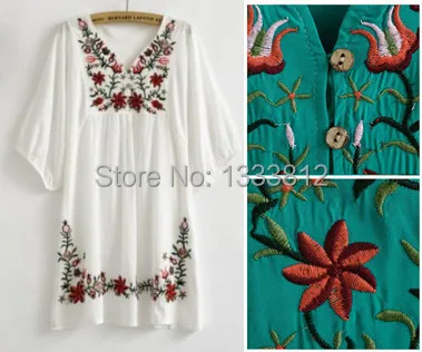 Vintage 70s Mexican Ethnic Flower EMBROIDERY Dresses Women BOHO Hippie Casual Dress Women Clothing Women Vestidos