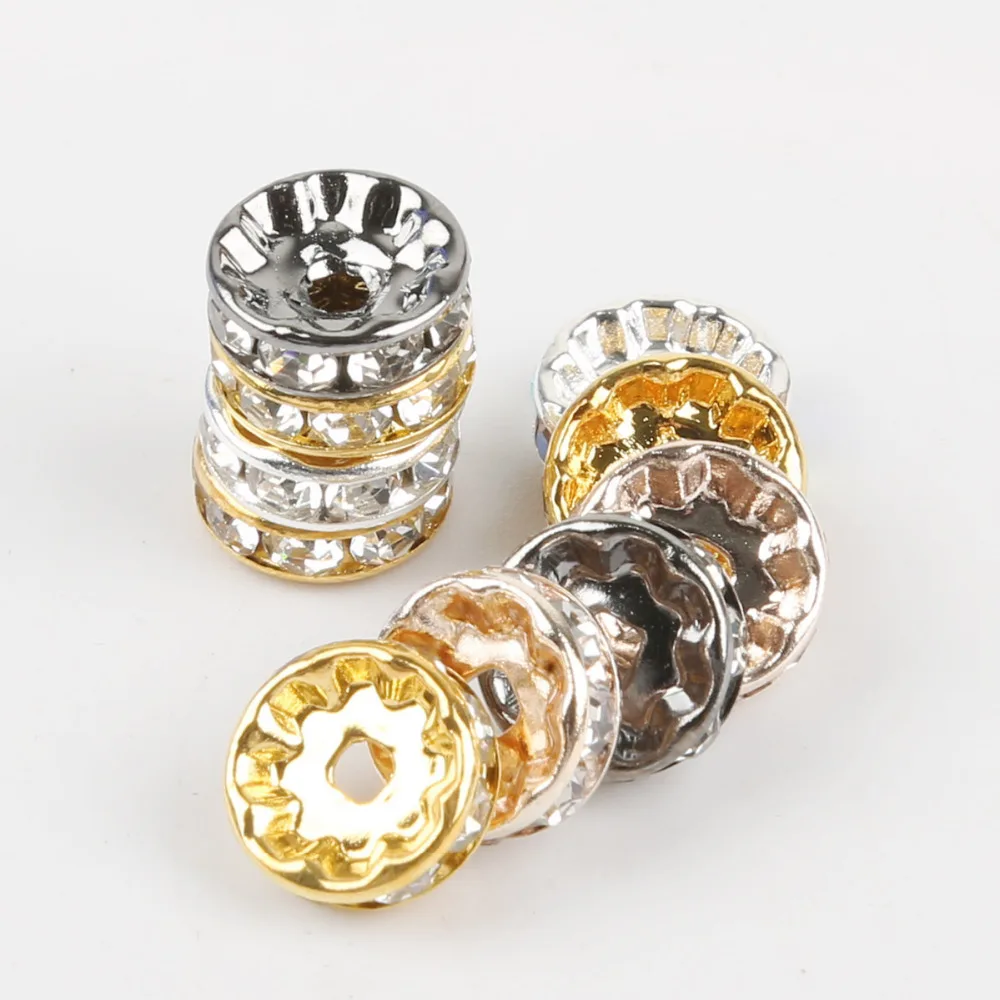 4 6 8 10mm 50pcs/bag  Gold Silver Color Rhinestone Crystal Bead Iron copper Spacer Beads for DIY Jewelry Making Accessories
