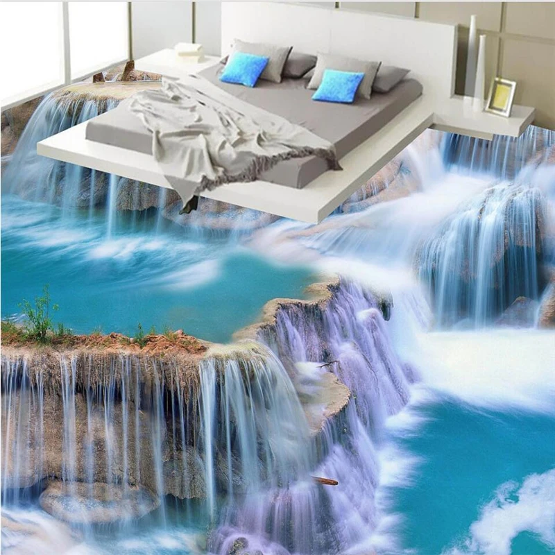 wellyu Custom large-scale mural pvc floor beautiful waterfall background thick wear-resistant 3D three-dimensional floor tiles