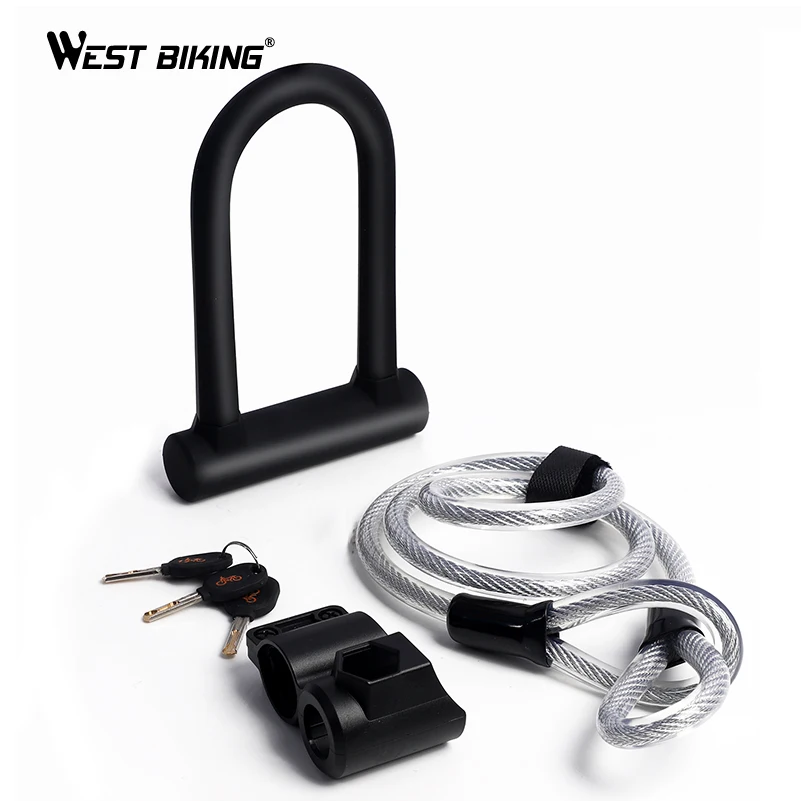 WEST BIKING Safety Bike U Lock Steel MTB Road Bike Bicycle Cable Lock Anti-theft Heavy Duty Lock Set Cycling U-lock with Cable