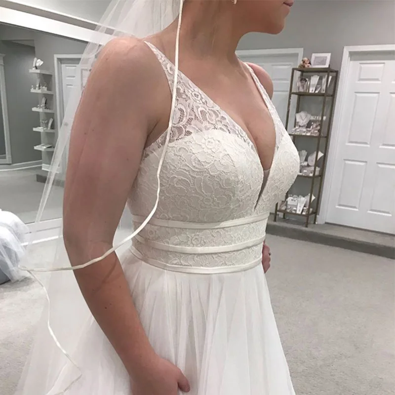 Vestidos De novia sexys con cuello en V sin mangas, Top De encaje elegante, falda De tul escalonada, vestidos De novia largos con Espalda descubierta, Túnica De Mariee, tren De barrido