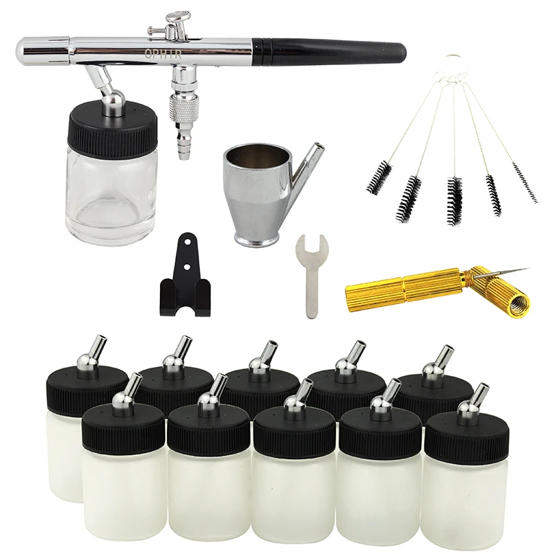 OPHIR – Kit aérographe à Air 0.35mm Doub Action, avec 10 bouteilles, outils de nettoyage pour modèle artisanat d'art peinture, AC072 + 020-10x