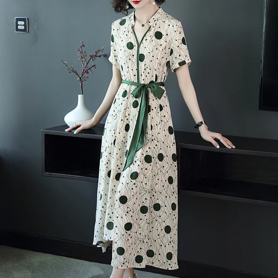 2024 Korean Vintage Silk Midi Dress Summer New Office lady White Print Elegant Boho Maxi Sundress Women Bodycon Party Vestidos