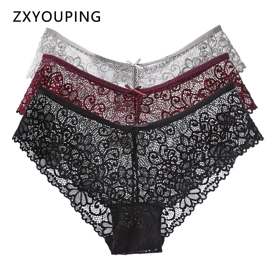 

3 Pcs Sexy Lace Panties For Women Underwear Breath-able Female Panty Hollow Transparent Briefs Ladys Lingerie Plus Size S-XXL