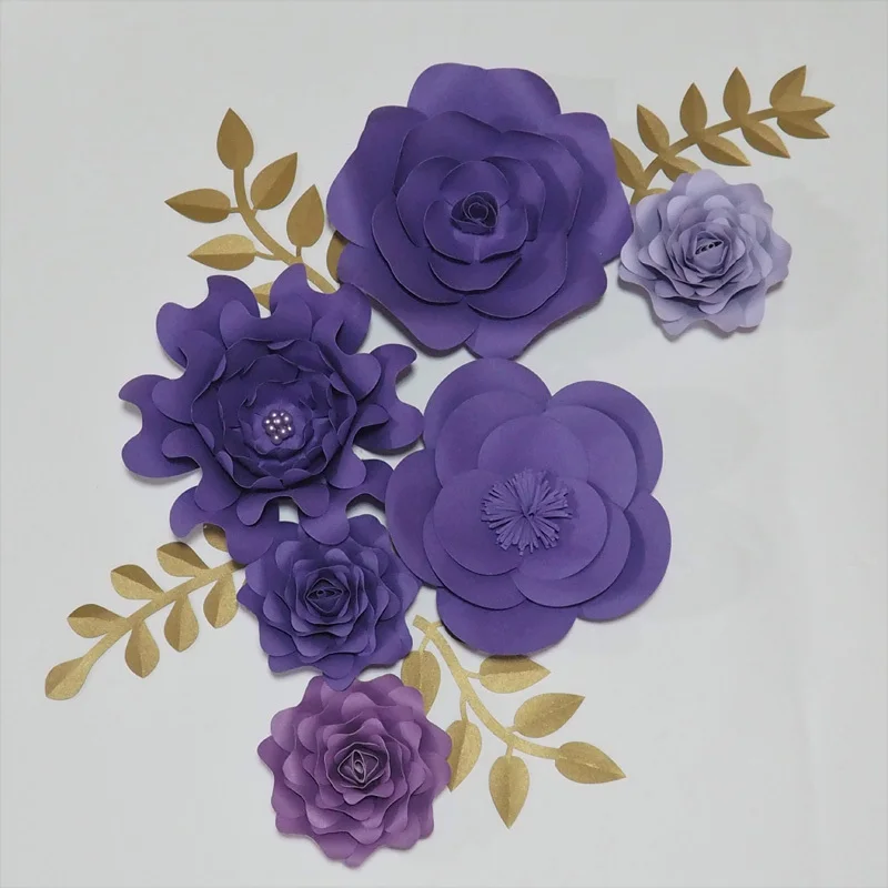 2018 DIY 6 Purple Giant Paper Rose 4 Leaves Flores Artificiales Fleur Artificielle For Wedding & Event Backdrop Party Nursery