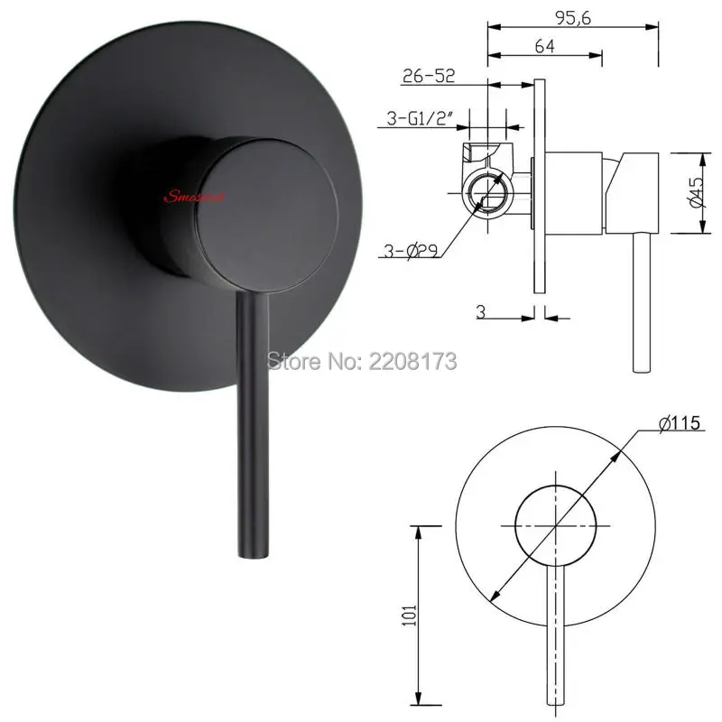 Imagem -03 - Smesiteli-válvula de Chuveiro de Latão Sólido Redondo Preto Fosco Controle de Parede Misturador Banheiro Torneira