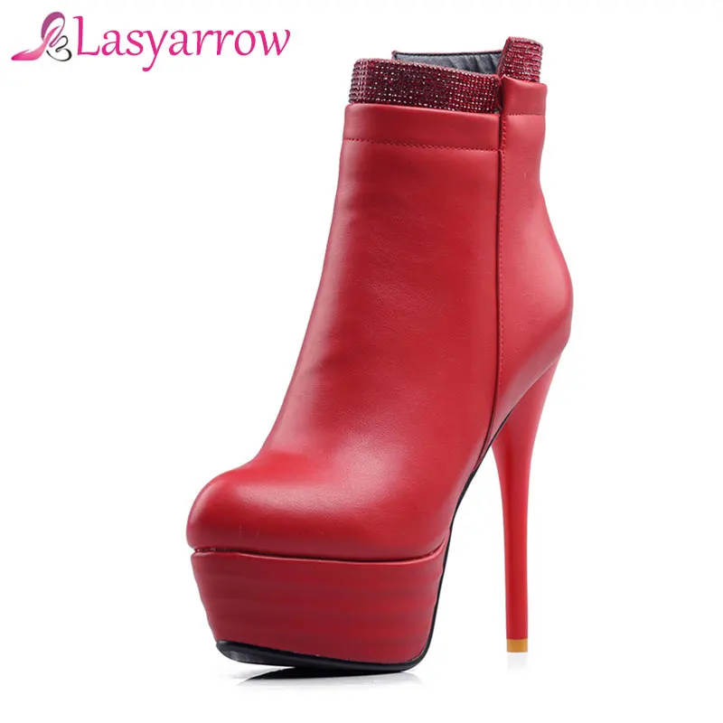 Lasyarrow boots women winter ankle boots for women sexy hig heels bota feminina platform boots Black Red Brown Plus Size 46RM012