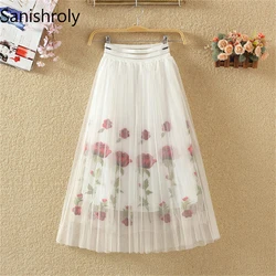 Sanishroly 2023 New Summer Women Rose Floral Embroidery Mesh Skirt Ladies Elastic High Waist Mid-Long A-Line Pleated Skirts S093