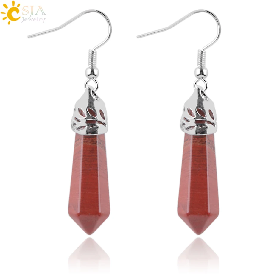 CSJA – boucles d'oreilles hexagonales pour femmes, bijoux en pierre de paon, Rhodonite, Onyx, Quartz, Lazuli, oeil de tigre, guérison, E091