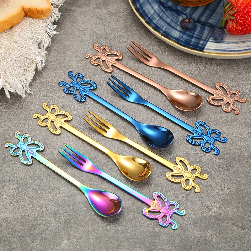 Stainless Steel Electroplated Coffee Spoon, Fruit Fork Set, Butterfly Handle Flatware Set, Hanging Cup Scoop Fork, 4Pcs Set