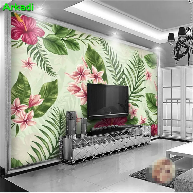 Custom hand-painted Southeast Asian tropical rainforest green fresh plants banana leaf wallpaper living room TV background wall