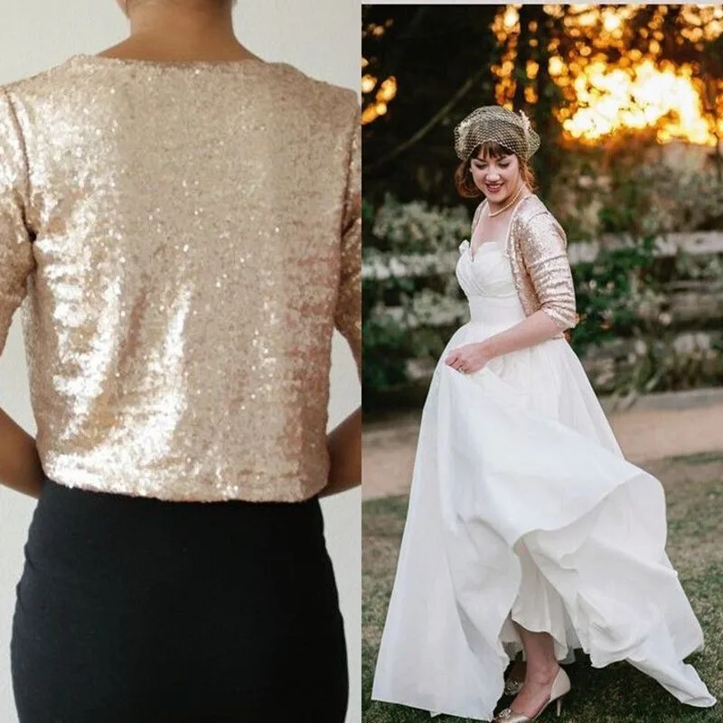 2019 nova champagne ouro jaquetas de casamento brilhante nupcial boleros envoltório capa 3/4 manga branco marfim frente aberto tamanho personalizado