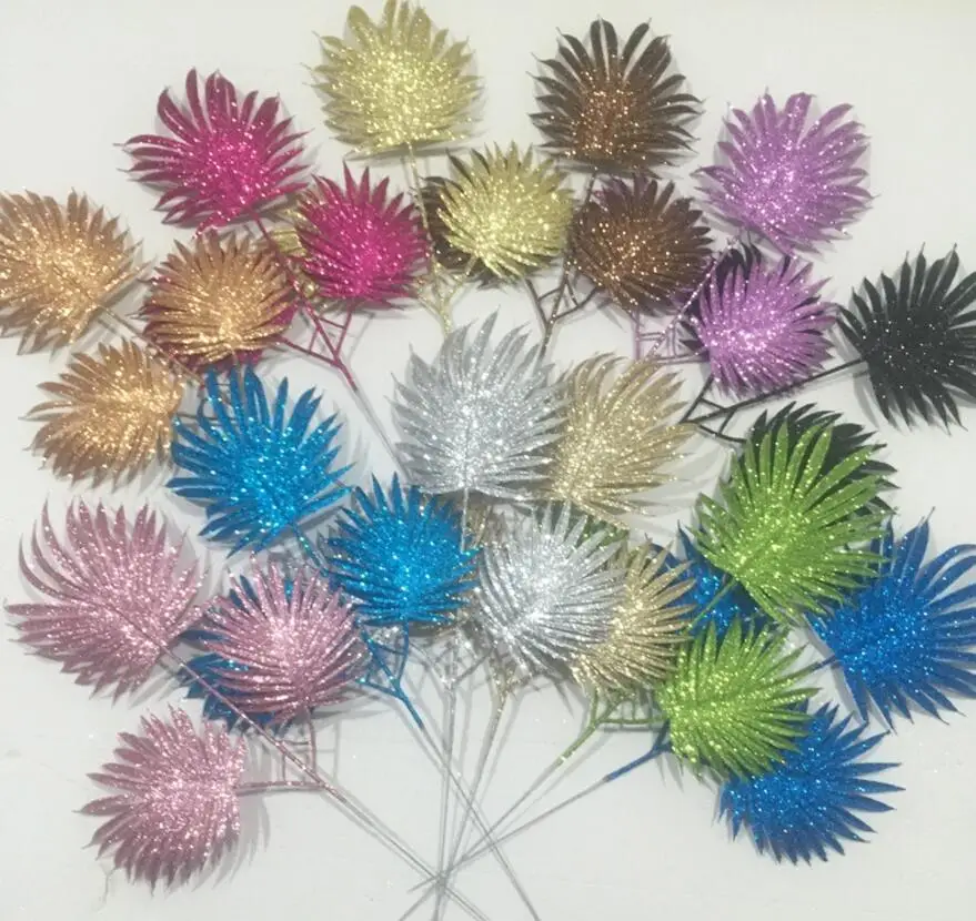 20pcs Glitter Powder Fan Leaf Branch For Flower Arrangement Accessories Christmas Party Home Wedding Garden Decoration