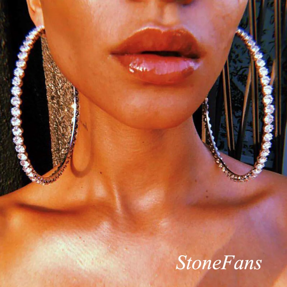 StoneFans Fashion 2024 Large Earrings Hoops Trendy Stunning Glass Rhinestone Gems Hoop Earrings For Women Jewelry image 2