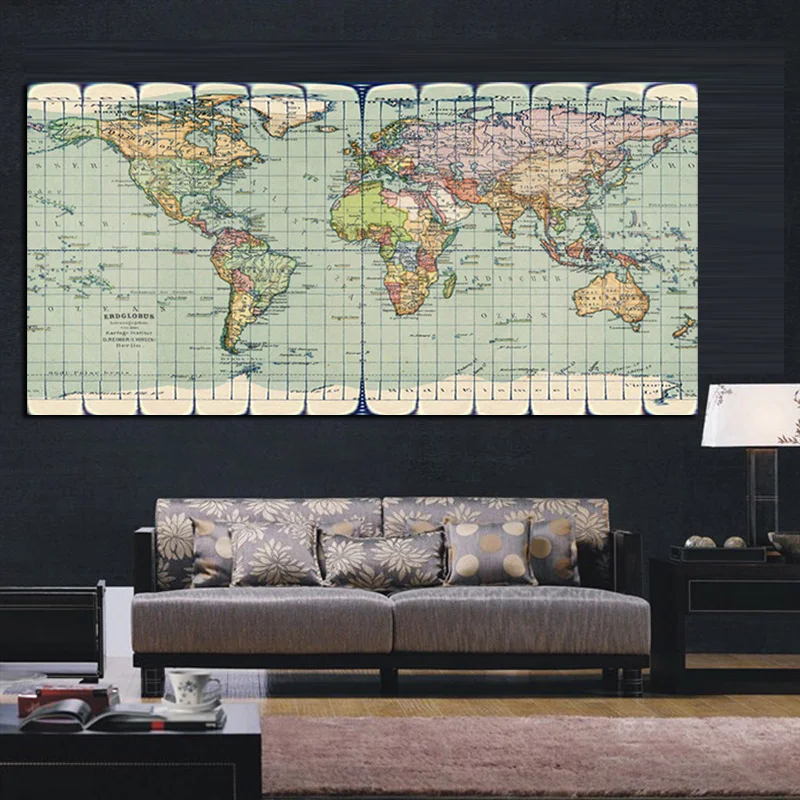 Classic Vintage Earth World Map Painting Canvas, HD Print on Canvas, Modern Wall Picture for Office Room Decor