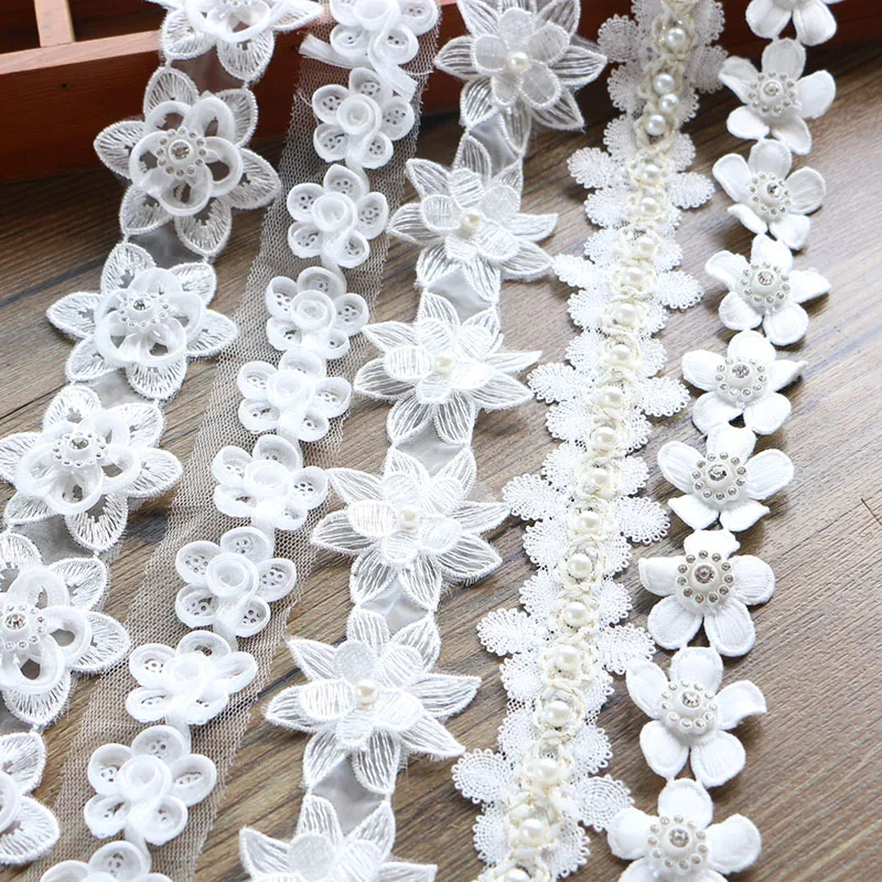 5CM 1 yards Pearl Flower Leaf Handmade Beaded Embroidered Lace  Trim Ribbon Applique Wedding DIY Garment Sewing Accessories