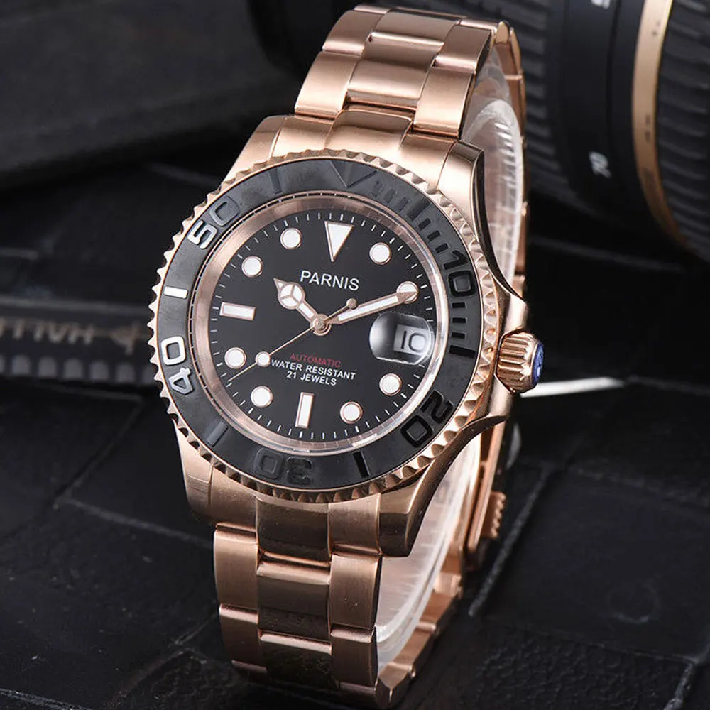 

41mm Parnis Black dial Stainless Steel Sapphire glass Golden Deployment Clasp 21 jewels miyota Automatic movement Mens Watch