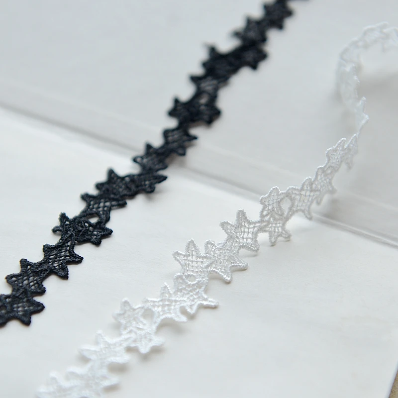 Star Embroidered Lace Edge Trim Ribbon Applique, DIY Sewing Craft, Vintage Wedding Bridal Dress Clothes, White and Black