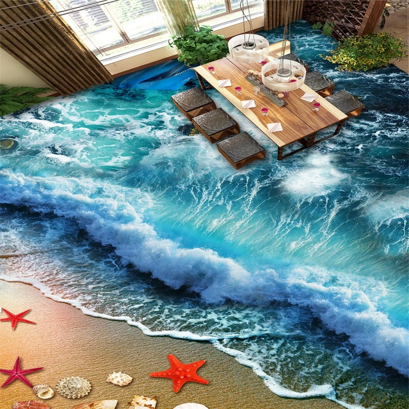 

beibehang beach waves Custom 3D Floor Mural Wall paper for Living Room Bathroom Floor Murale PVC Self adhesive photo Wallpaper