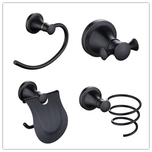 Oil Rubbed Bronze black 4PCS/Set Bathroom Accessory Set Towel ring Robe hook Paper holder Hair drier holder--High quality brass