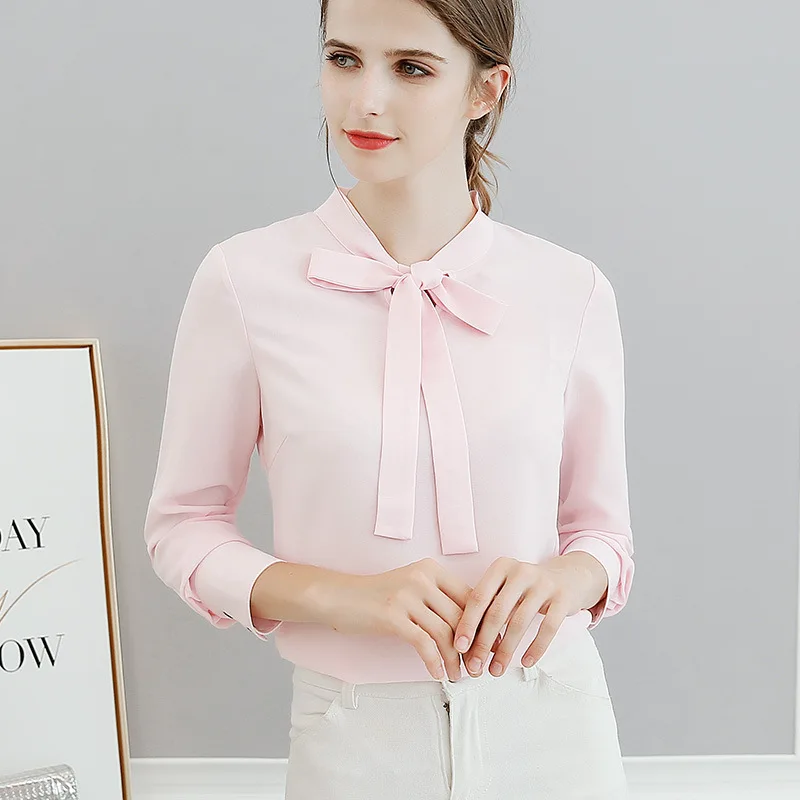 Korean Fashion Bottom Shirt Women Spring Summer Leisure Chiffon Blouses Female Long Sleeve Bowknot Pure Color Ladies Top H9113