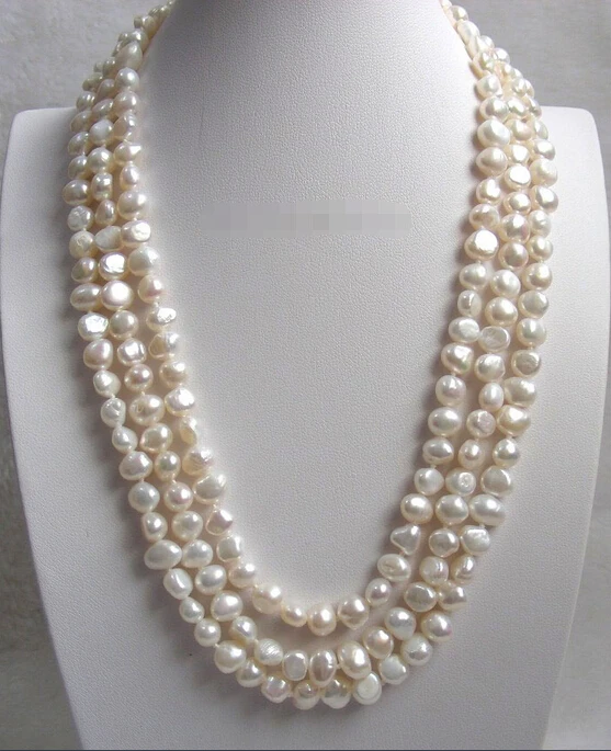 

FREE shipping baroque 3row white freshwater pearls necklace 6.07