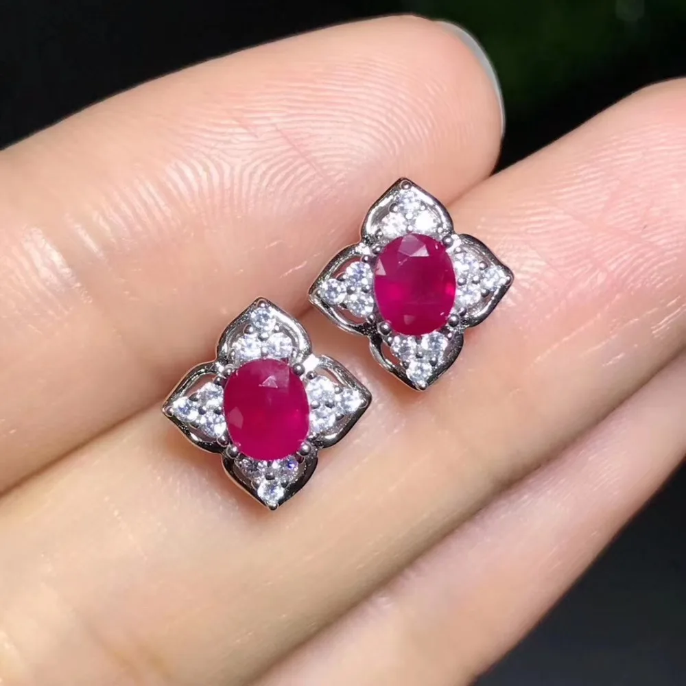 

Natural ruby stud earring Free shipping Original real ruby 925 sterling silver 4*5mm*2pcs gemstone For men or women