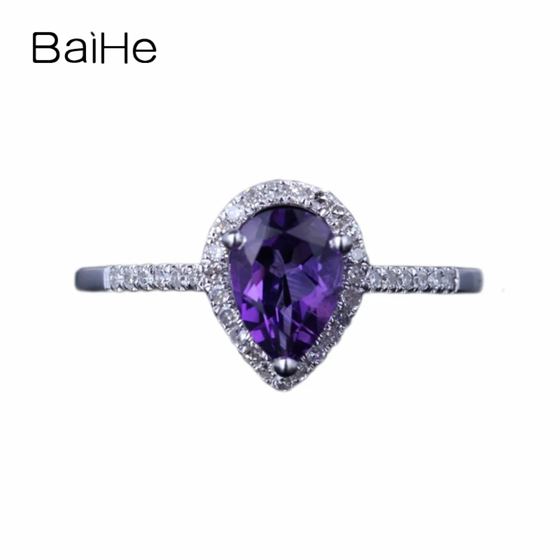 

BAIHE Real Solid 14K White Gold Pear Natural Amethyst Ring Lady Men Party Fine Jewelry Making Ringa Ametihita Anillo amatista