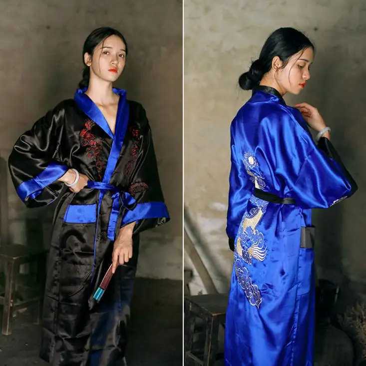 Novelty Reversible Black Red Women Satin Kimono Handmade Embroidery Dragon Nightgown Robe Gown Two Side Sleepwear