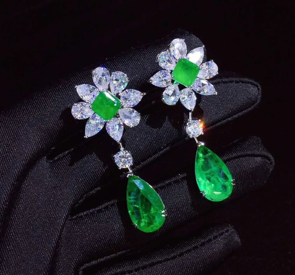 green color 925 sterling silver with cubic zircon drop earring flower tear drop shape fine women jewelry for party  22*47MM