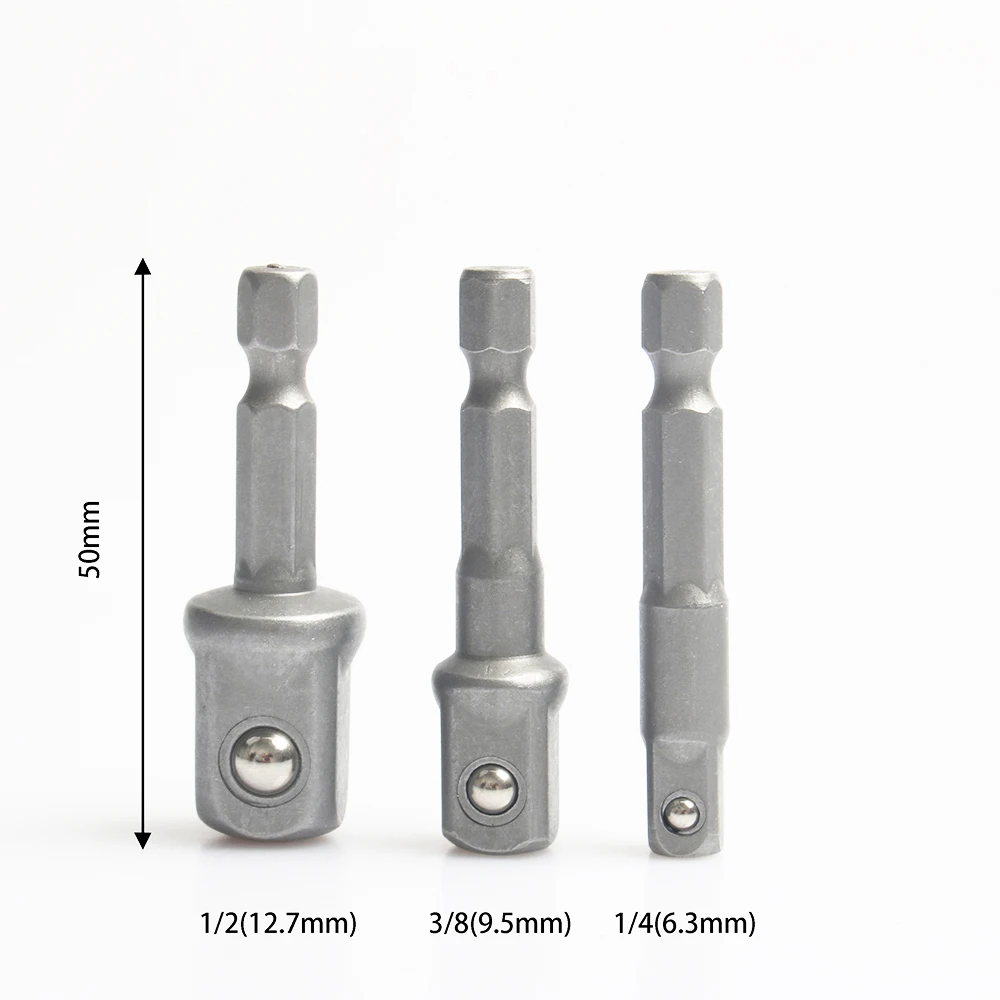 3pcs/set Chrome Vanadium Steel Socket Adapter Hex Shank to 1/4" 3/8" 1/2" Extension Drill Bits Bar Hex Bit Set Power Tools