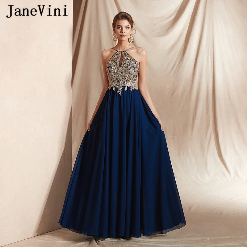 JaneVini-Vestidos de Fiesta largos azul marino, elegantes vestidos de fiesta de noche con cuello Halter, apliques dorados, gasa con cuentas, 2019