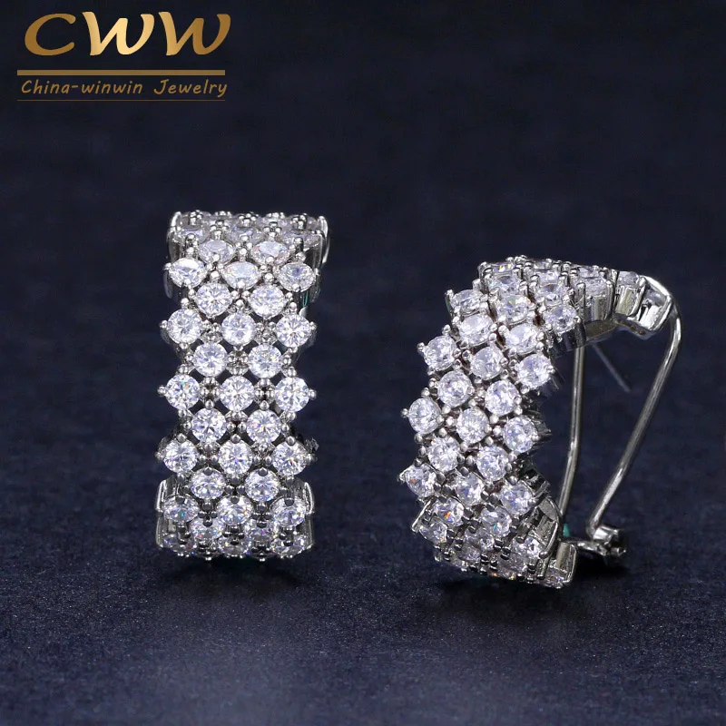 CWWZircons High Quality Silver Color Shiny AAA Cubic Zirconia Stone Paved C Shape Half Round Hoop Earrings for Women CZ248