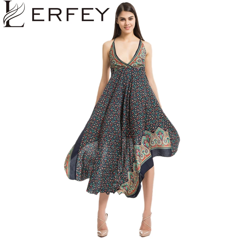 

LERFEY Loose Floral Print Long Bohemian Dress Women Sexy Deep V Neck Backless Summer Beach Dress Asymmetrical Casual Boho Dress