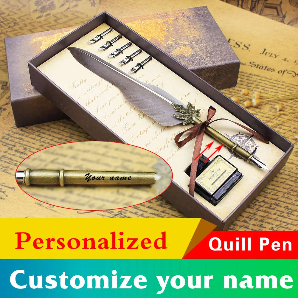 FEATTY Personalized Customize your name Russian English Calligraphy Feather Dip Pen Set Gift Box Wedding Gift  Fountain Pen