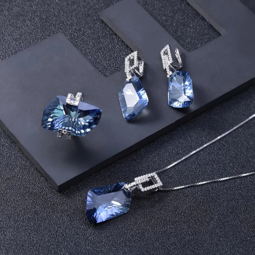 GEM'S BALLET Design Iolite Blue Mystic Quartz Irregular Geometric Jewelry Sets 925 Sterling Silver Necklace Earrings Ring Set