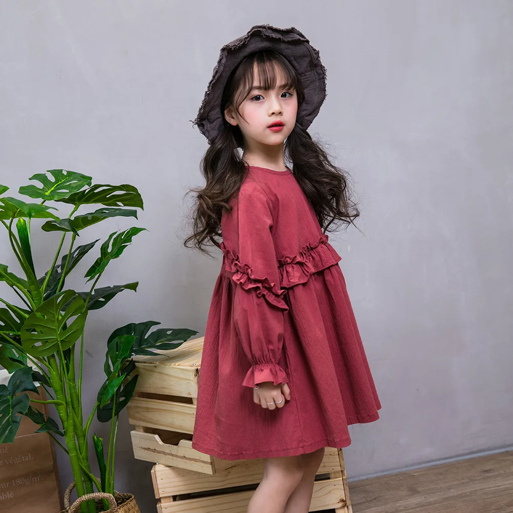 2018 spring New pattern Korean Girls dress cotton lace fold Solid color floral Princess Dresses fashion Children's clothing kids