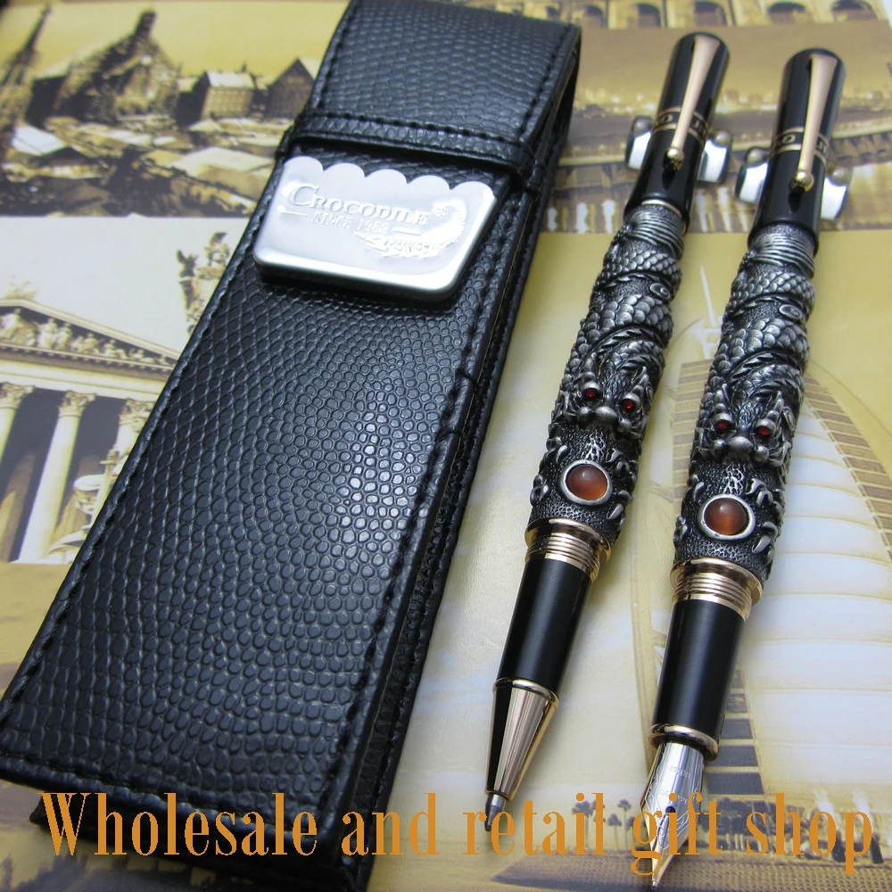 

2pcs JINHAO Fountain Pen Silver flying dragon Office gift pen and pen bag