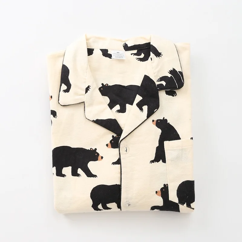 Conjunto de pijama de urso branco escovado masculino 100% algodão escovado pijamas casuais de animais, roupa caseira sexy, moda outono