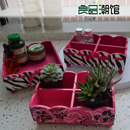 

European Style Pink Wooden desktop four grid cosmetic storage box finishing box sundries box free shipping