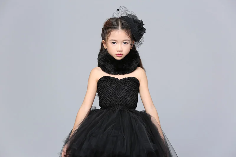 POSH DREAM Black Shoulderless Children Kids Party Clothes with Train Tulle Vintage Black Toddler Baby Girls Halloween Costume