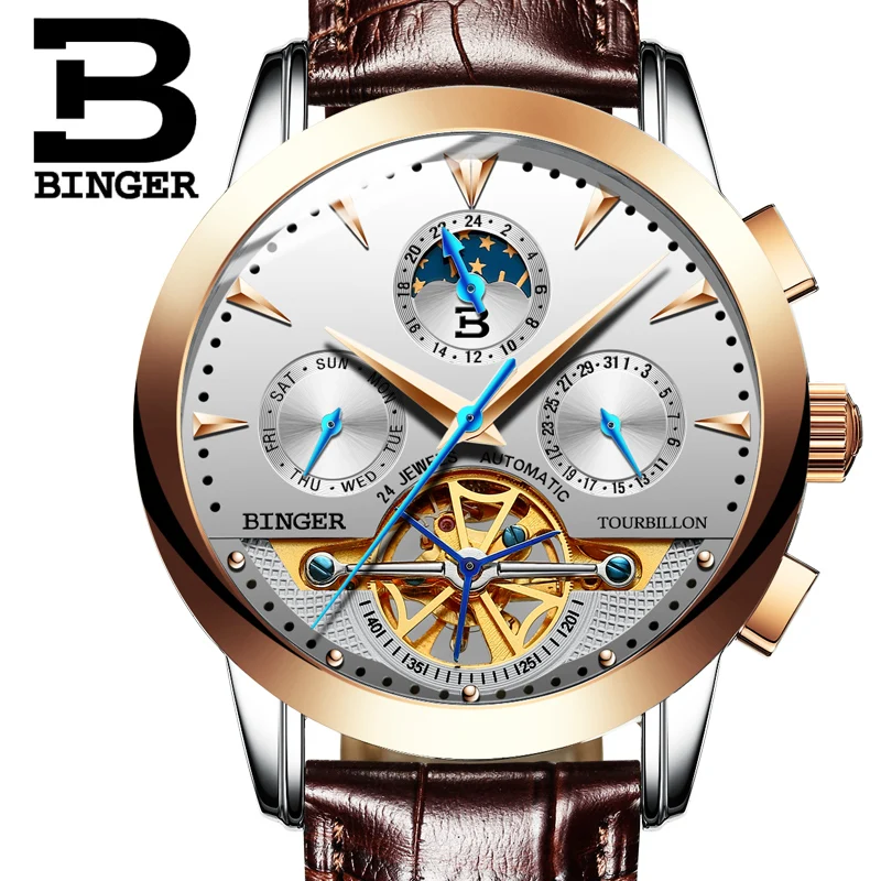 Tourbillion Mechanical Wristwatches Switzerland luxury Men\'s watch BINGER brand Sapphire Genuine Leather Strap Clock B1188-10