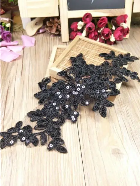 2 Pieces Black Sequin Flower Embroidery Lace Collar Wedding Lace Patch Applique Headband Hair Bow Garment Clothing DIY Accessory