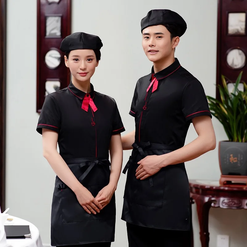 

Hotel Workwear Summer Waitress Female Restaurant Hot Pot Shop Catering Uniform Male Waiter Short Sleeve Jacket Overalls H2226