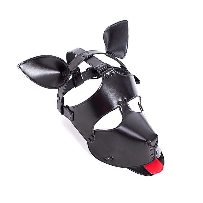 Unisex Soft Faux Leather Dog Puppy Fetish Hood Red Tongue Cosplay Head Harness Pet Play Costume