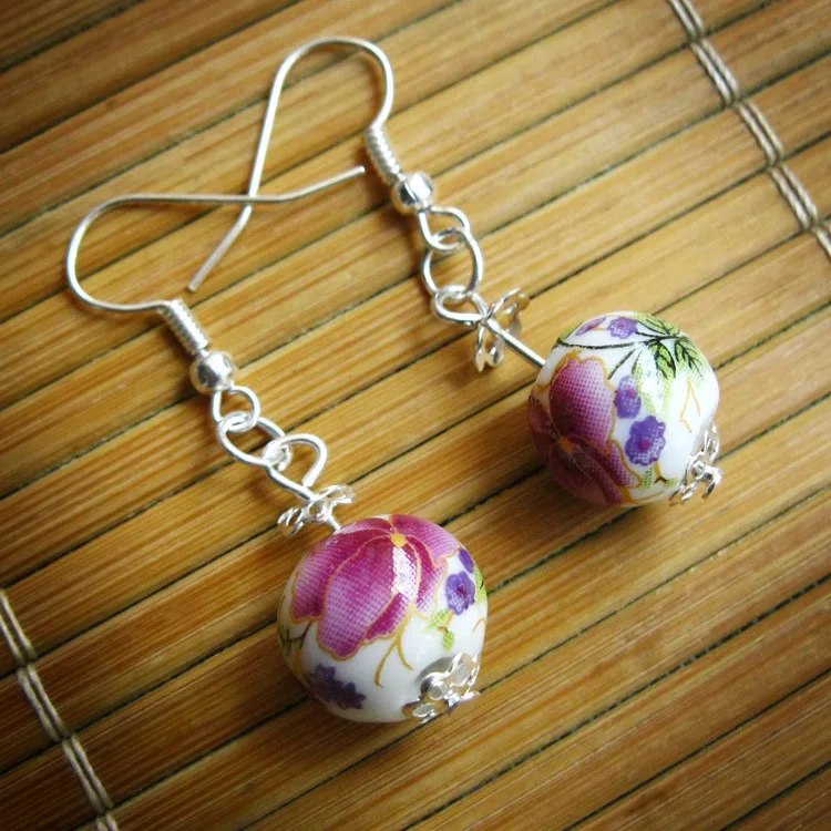 Cute Chinese Style Flower Ceramics Earrings for Women Original Vintage Flowers Bead Drop Earrings Girls Jewelry Party Gifts