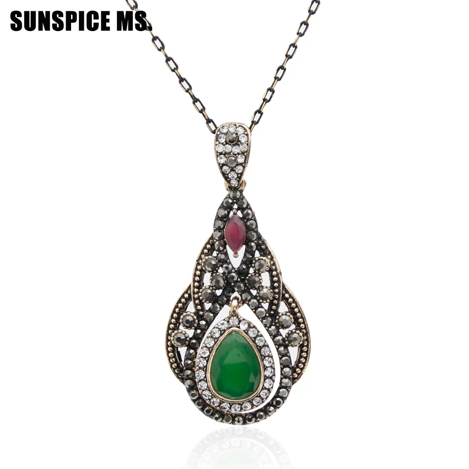 Sunspicems Vintage Turkish Pendant Necklaces For Women Antique Gold Color Resin Arabic Jewelry Full Crystal